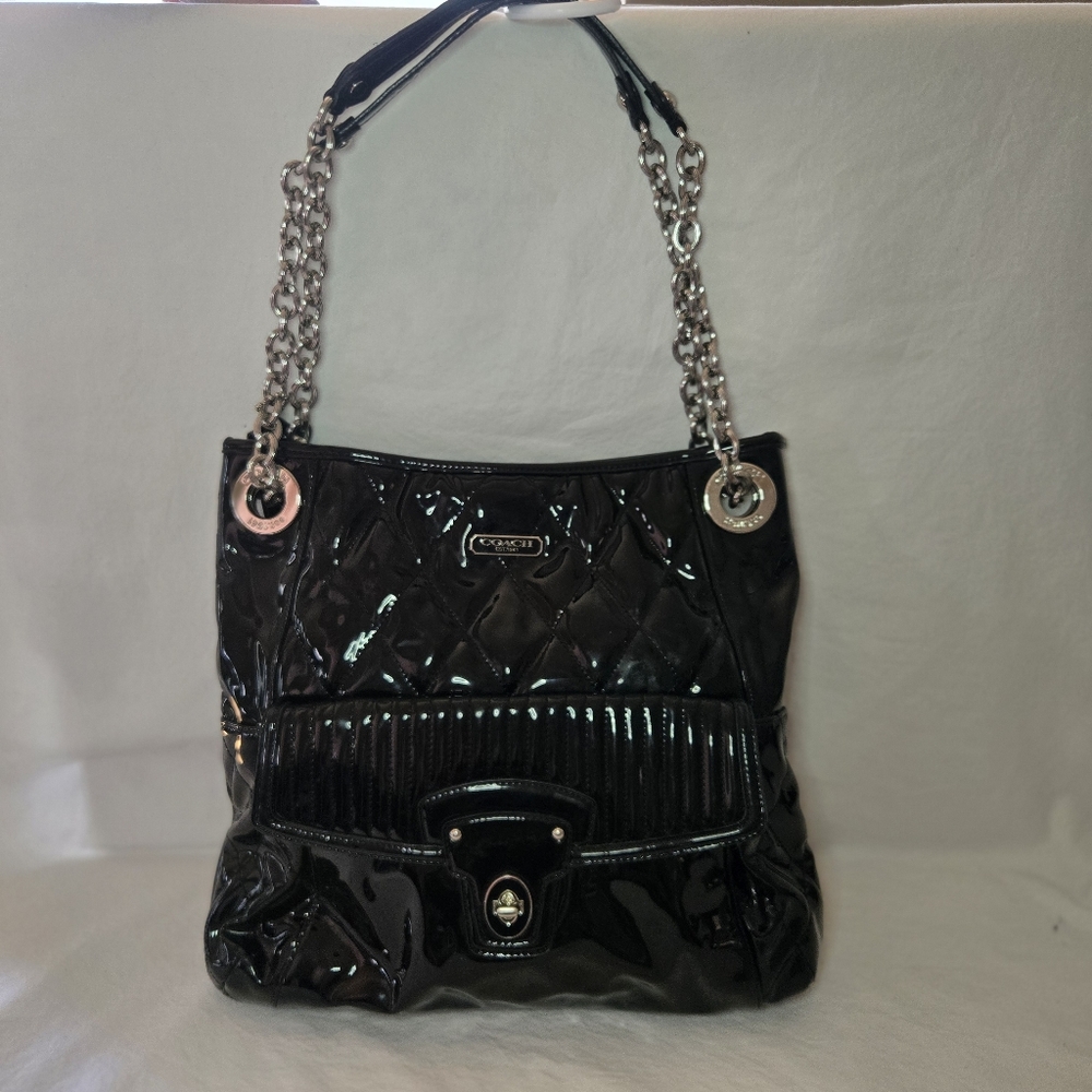 COACH Black Patent Leather Poppy Bag, dual functioning chain straps